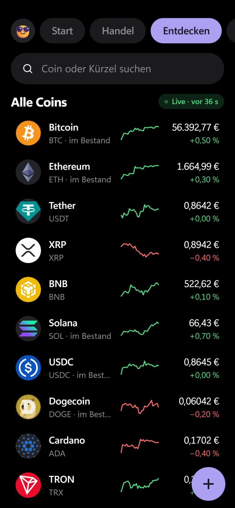 Coin-Liste mit Live-Kursen und Kurvenverläufen